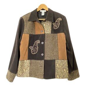 Notations Women's Petite Medium Patchwork Embellished Jacket Top Brown NEW
